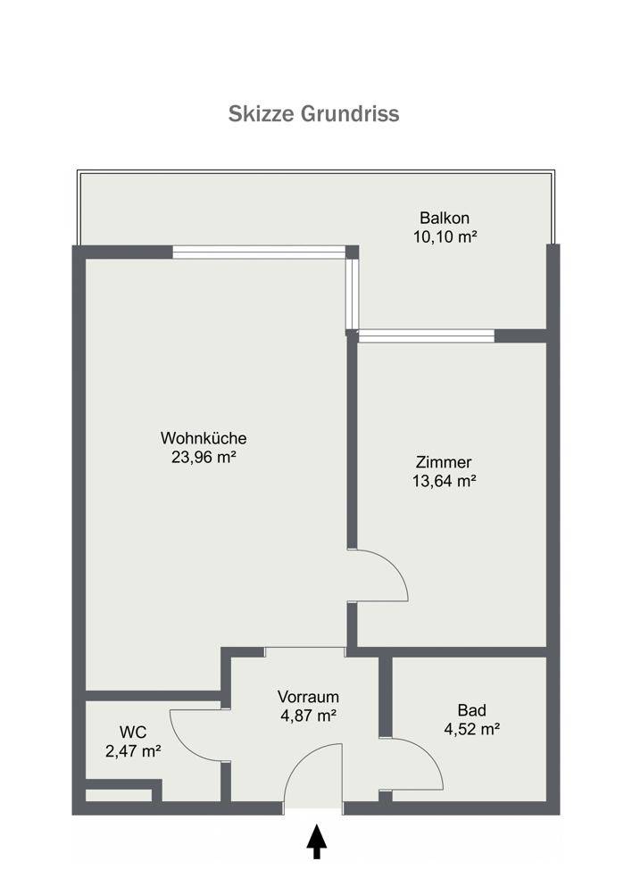 Grundriss einer Wohnung mit Wohnküche, einem Zimmer, Bad, WC und Balkon.