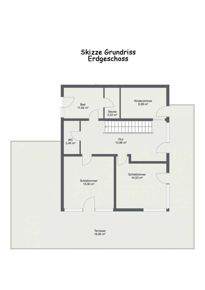 Grundriss des Erdgeschosses mit Schlafzimmern, Bad, WC, Sauna und Terrasse.