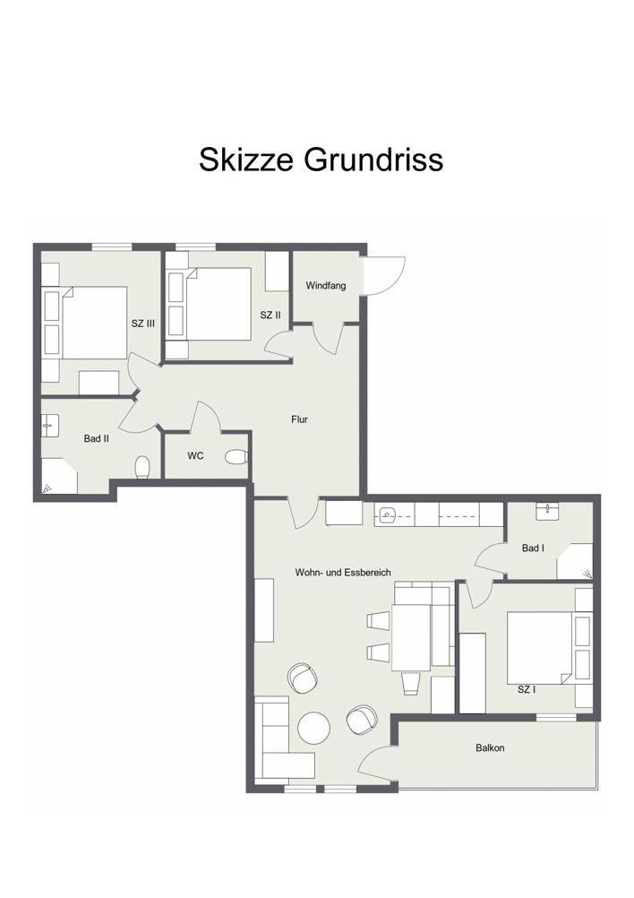Grundriss einer größeren Wohnung mit drei Schlafzimmern, zwei Bädern und Balkon.