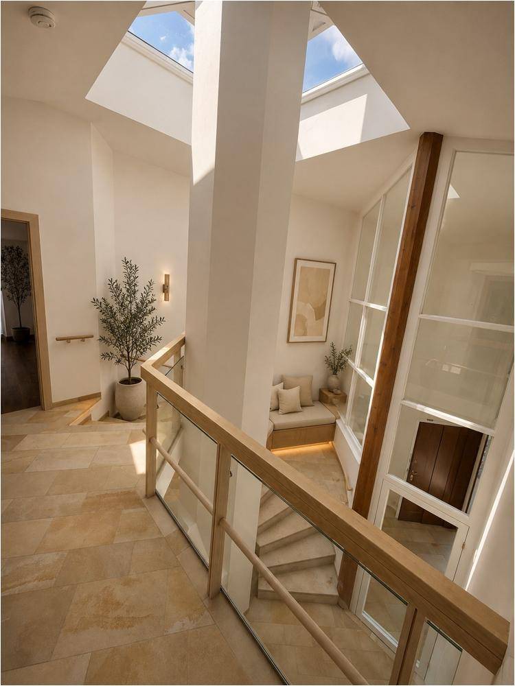 Heller Treppenaufgang mit Oberlichtern, Glasgeländer und modernem Design, lichtdurchflutet.