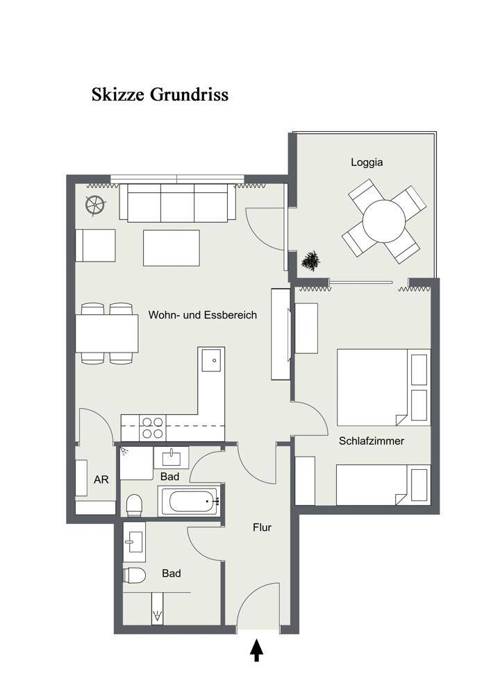 Grundriss der Wohnung mit Wohn- und Essbereich, Schlafzimmer und Loggia.