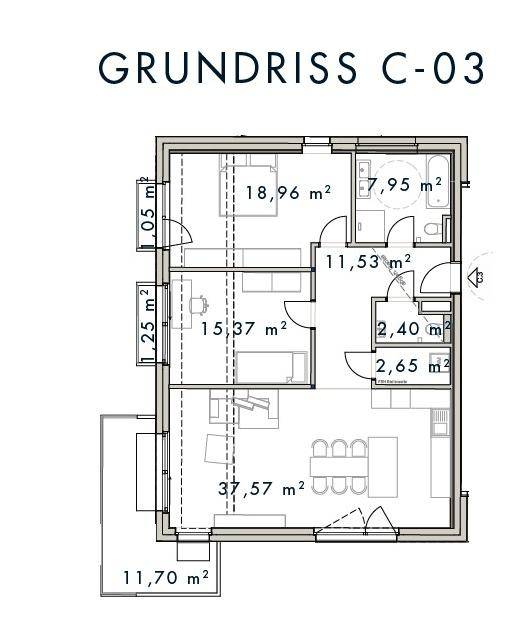 Grundriss C-03 mit drei Zimmern, offenem Wohnbereich und Balkon.