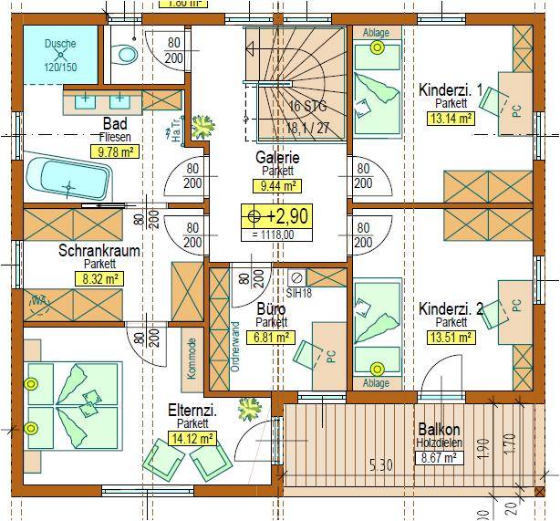 Dieser Grundriss zeigt das Obergeschoss mit drei Schlafzimmern, einem Büro, einem Badezimmer und einem Balkon.