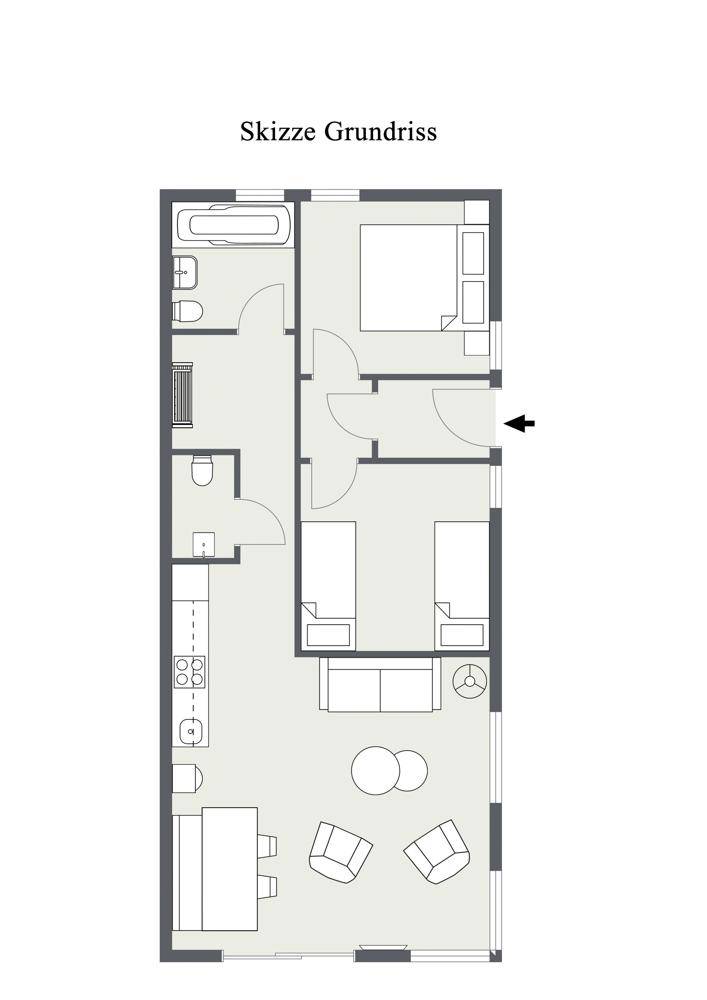 Grundriss einer Wohnung mit zwei Schlafzimmern, offenem Wohnbereich und Bad mit Badewanne.