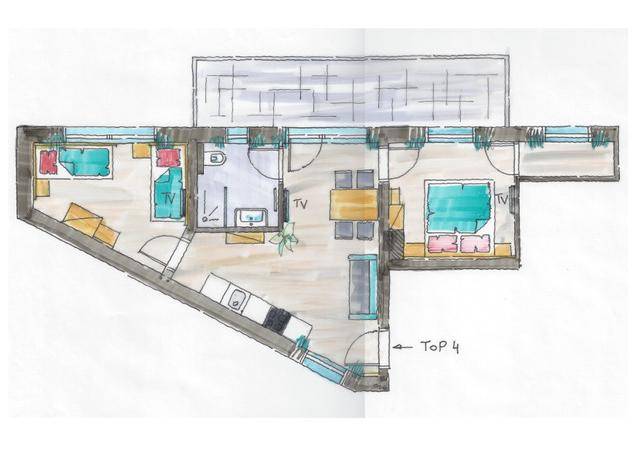 Handgezeichneter Grundriss für Wohnung Top 4 mit zwei Schlafzimmern und Balkon.