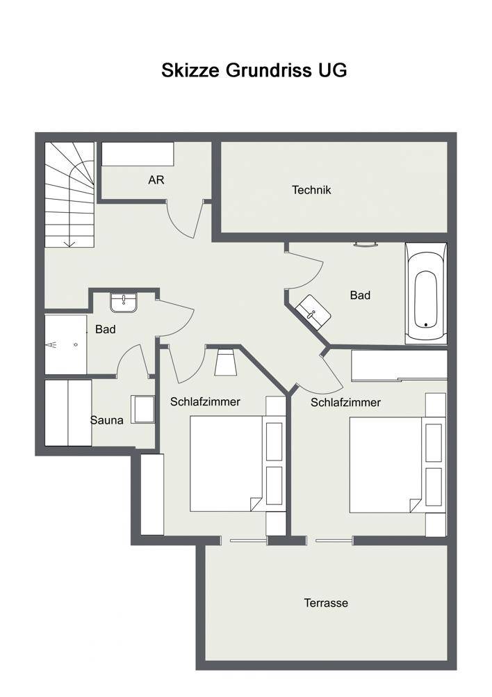 Grundriss Skizze des Untergeschosses mit Schlafzimmern, Bädern, Sauna und Terrasse.