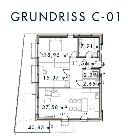 Grundriss C-01 zeigt eine Ebene mit offenem Wohn-Essbereich, drei Schlafzimmern und großem Außenbereich.