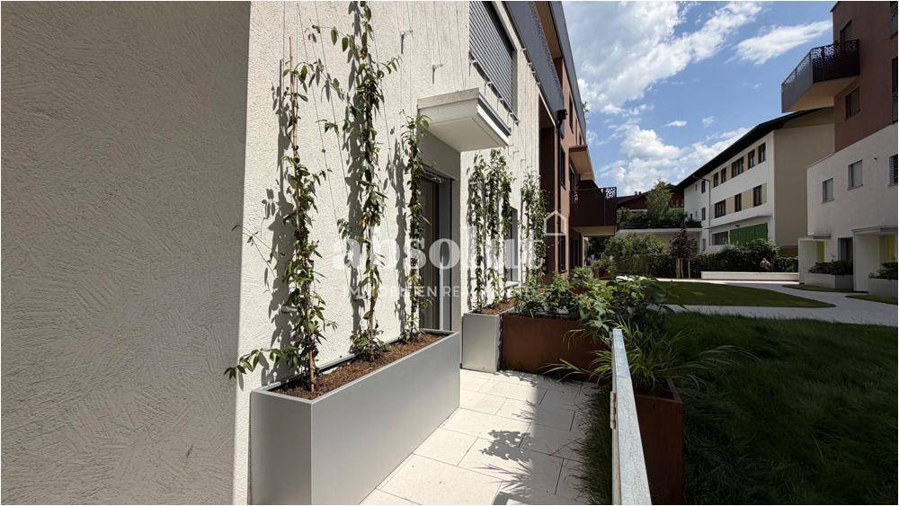 Kleiner Balkon mit Pflanzenkübeln und Blick auf den begrünten Innenhof.