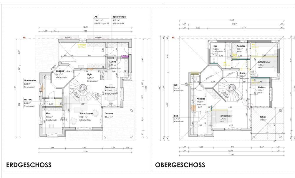 Grundrisse für Erdgeschoss und Obergeschoss mit detaillierter Raumaufteilung und Flächenangaben.
