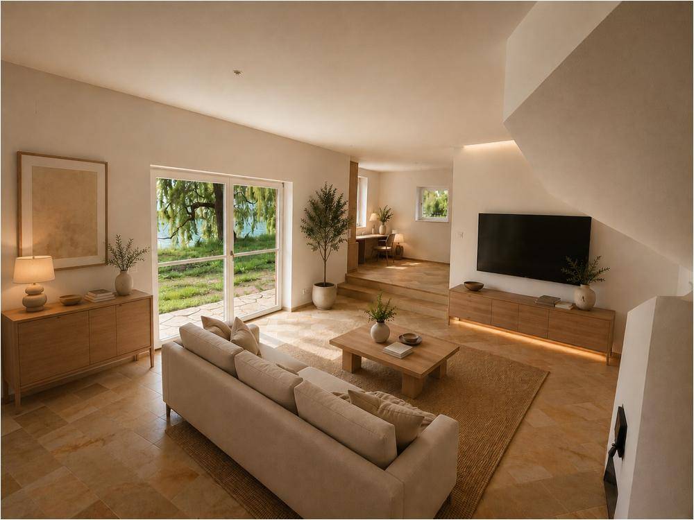 Modernes Wohnzimmer mit Seeblick, hellen Möbeln und direktem Zugang zur Terrasse.