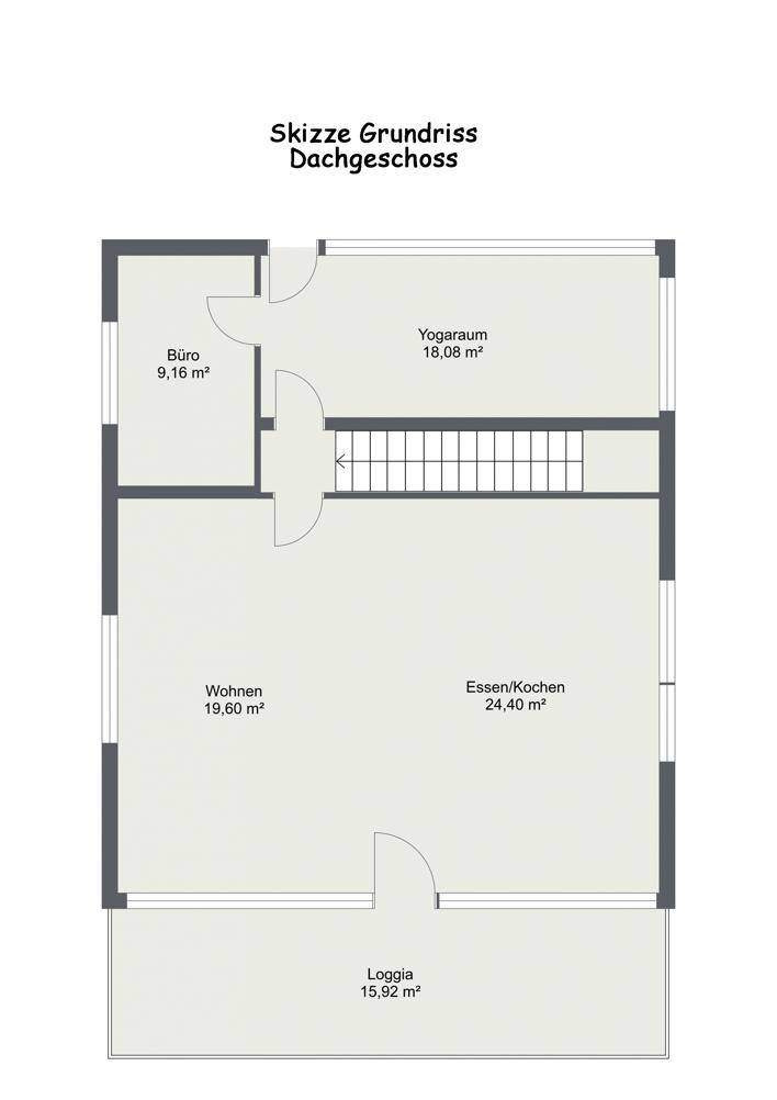 Grundriss des Dachgeschosses mit Wohn-, Ess-/Kochbereich, Büro und Loggia.