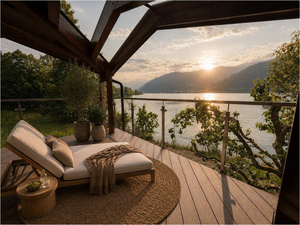 Überdachte Terrasse mit Seeblick, Liegestuhl und Pflanzen, ideal zum Entspannen bei Sonnenuntergang.