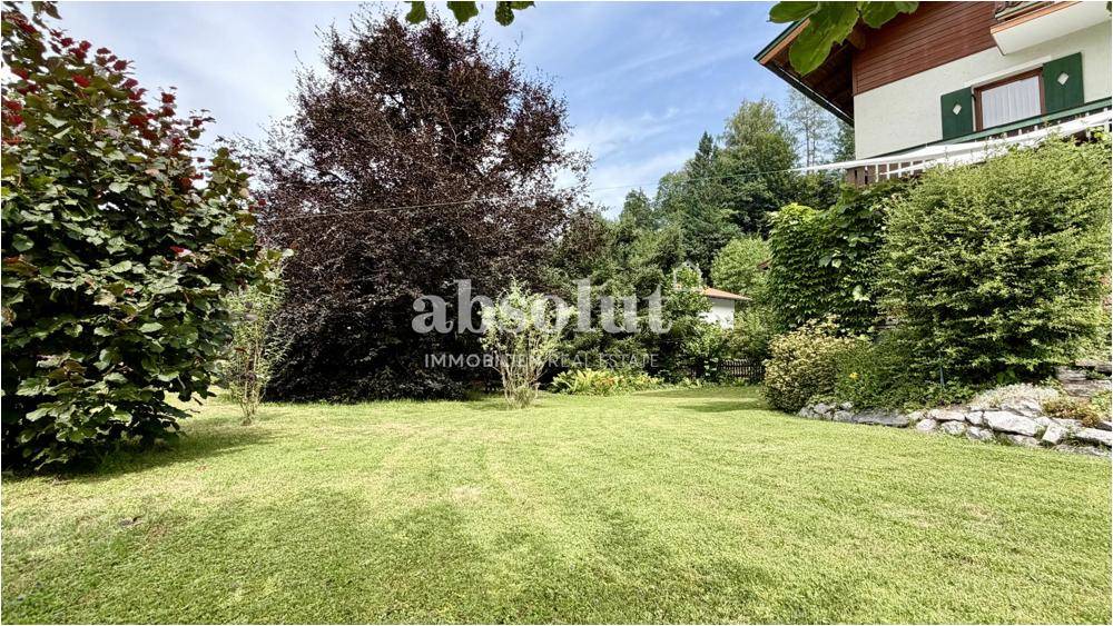 Großer Gartenbereich mit altem Baum und Blick auf das traditionelle Wohnhaus.