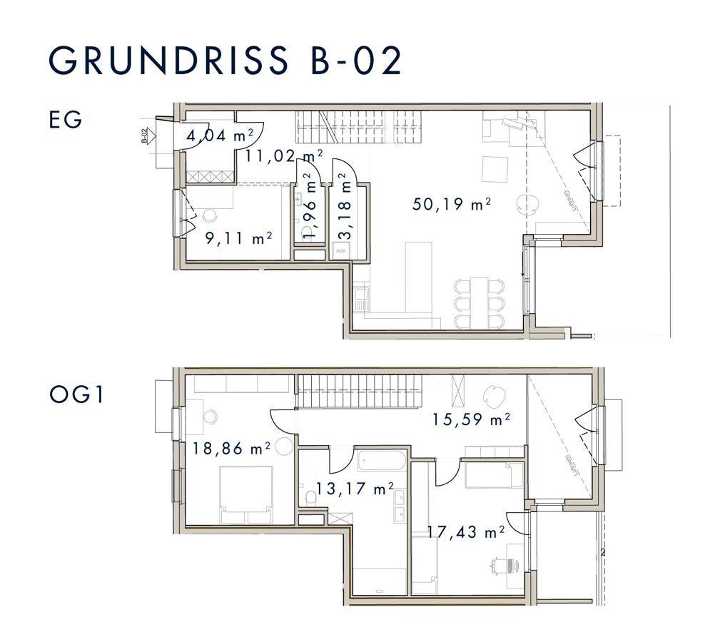 Grundriss B-02 zeigt zwei Ebenen mit offenem Wohnbereich, mehreren Schlafzimmern und Balkonzugang.