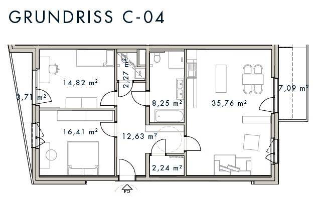 Grundriss C-04 mit drei Zimmern, offenem Wohnbereich und Balkon.