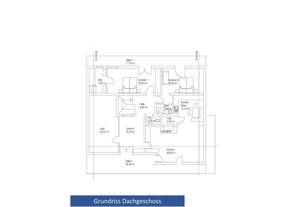 Grundriss des Dachgeschosses mit Wohnbereich, Küche, Schlafzimmern und Balkonen.