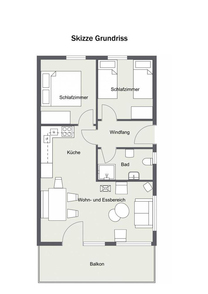 Grundriss einer Wohnung mit zwei Schlafzimmern, offener Küche und Balkon.