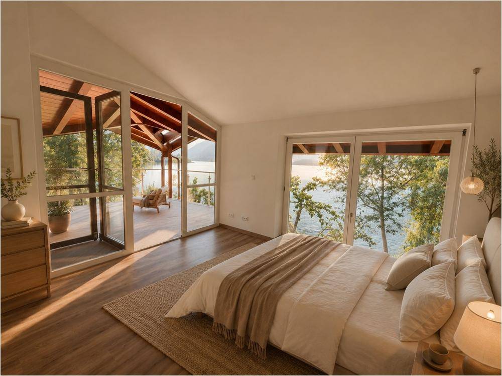 Schlafzimmer mit Seeblick, Holzboden und Zugang zu einer überdachten Terrasse, modern eingerichtet.