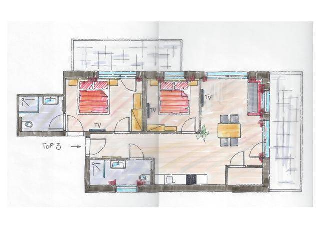 Handgezeichneter Grundriss für Wohnung Top 3 mit zwei Schlafzimmern und Balkon.