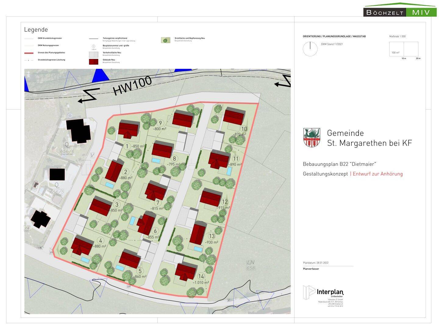 Gestaltungsentwurf eines Bebauungsplans mit visualisierten Häusern und Grünflächen.