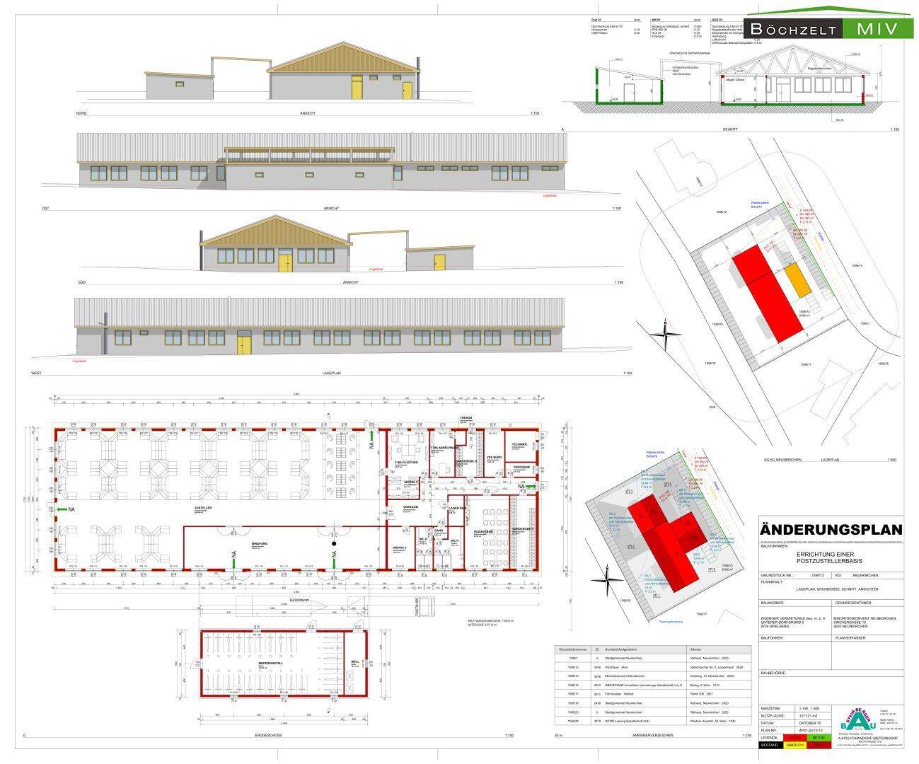 Gesamtübersicht des Gebäudes mit Grundrissen, Ansichten und Lageplan, detaillierte Bauzeichnung für das Projekt.