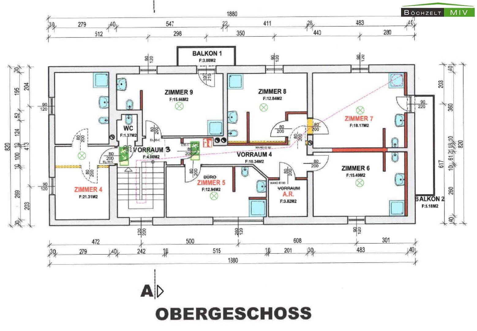 Grundriss des Obergeschosses mit mehreren Zimmern, Bädern und zwei Balkonen, übersichtlich dargestellt.