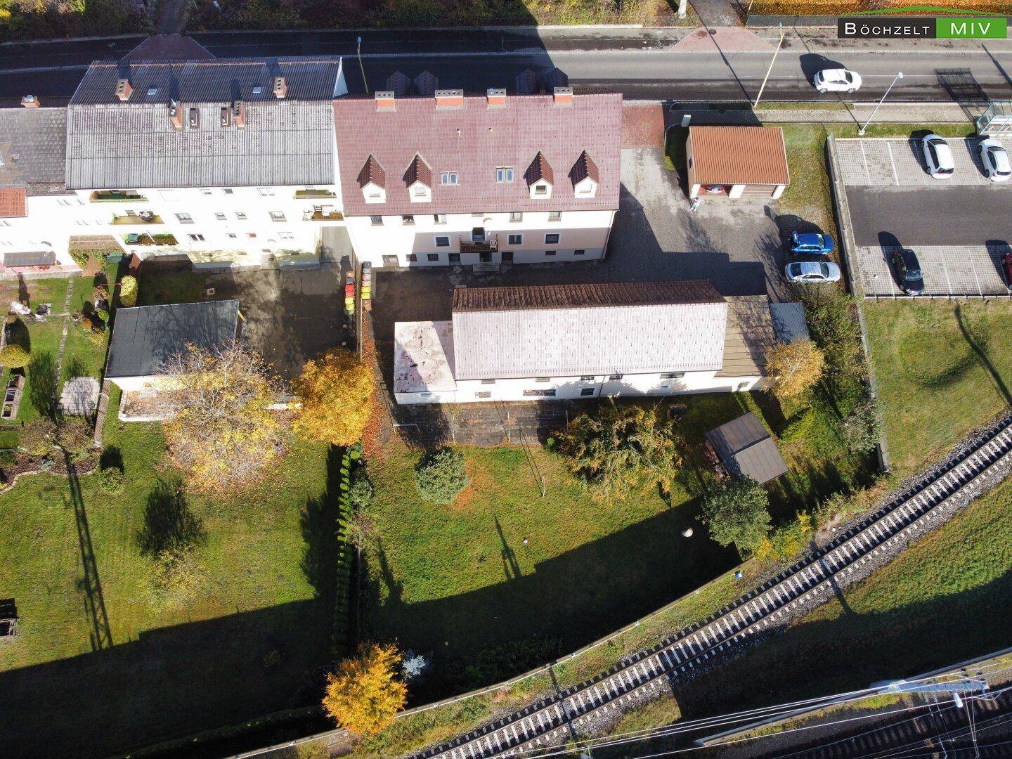 Weitläufige Luftaufnahme des Grundstücks mit Gebäuden, Garten und Bahngleisen im Hintergrund.