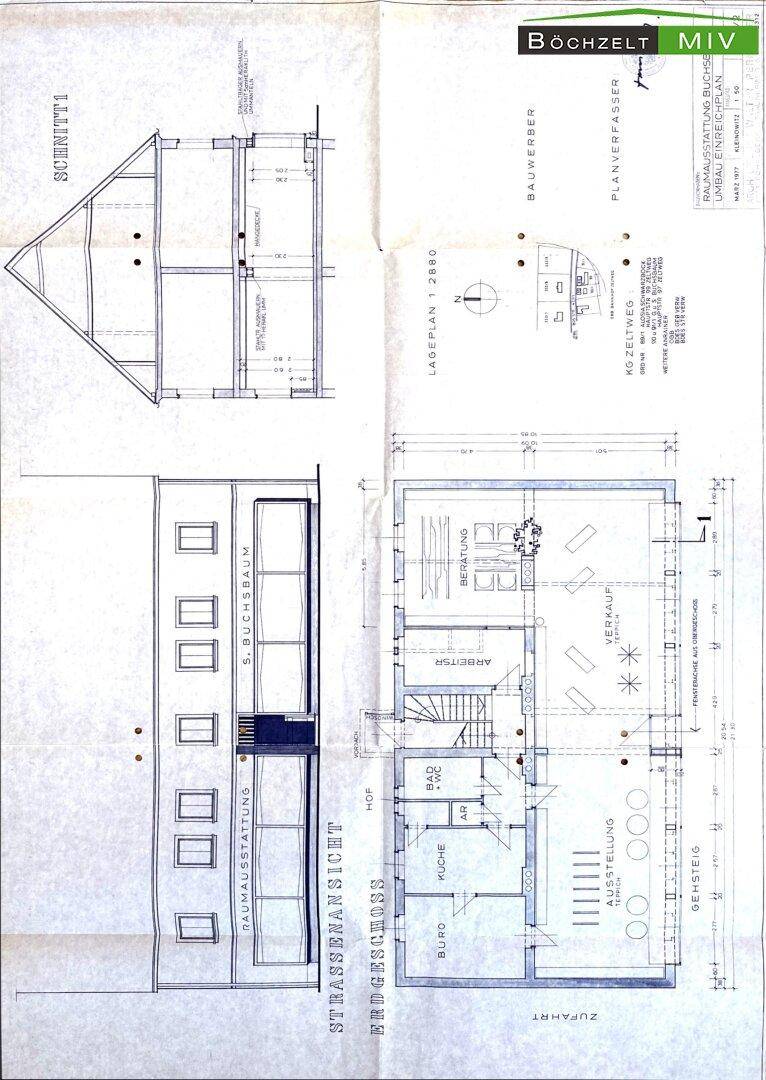 Detaillierter Grundriss des Erdgeschosses mit Schnittansicht und Lageplan des Gebäudes.