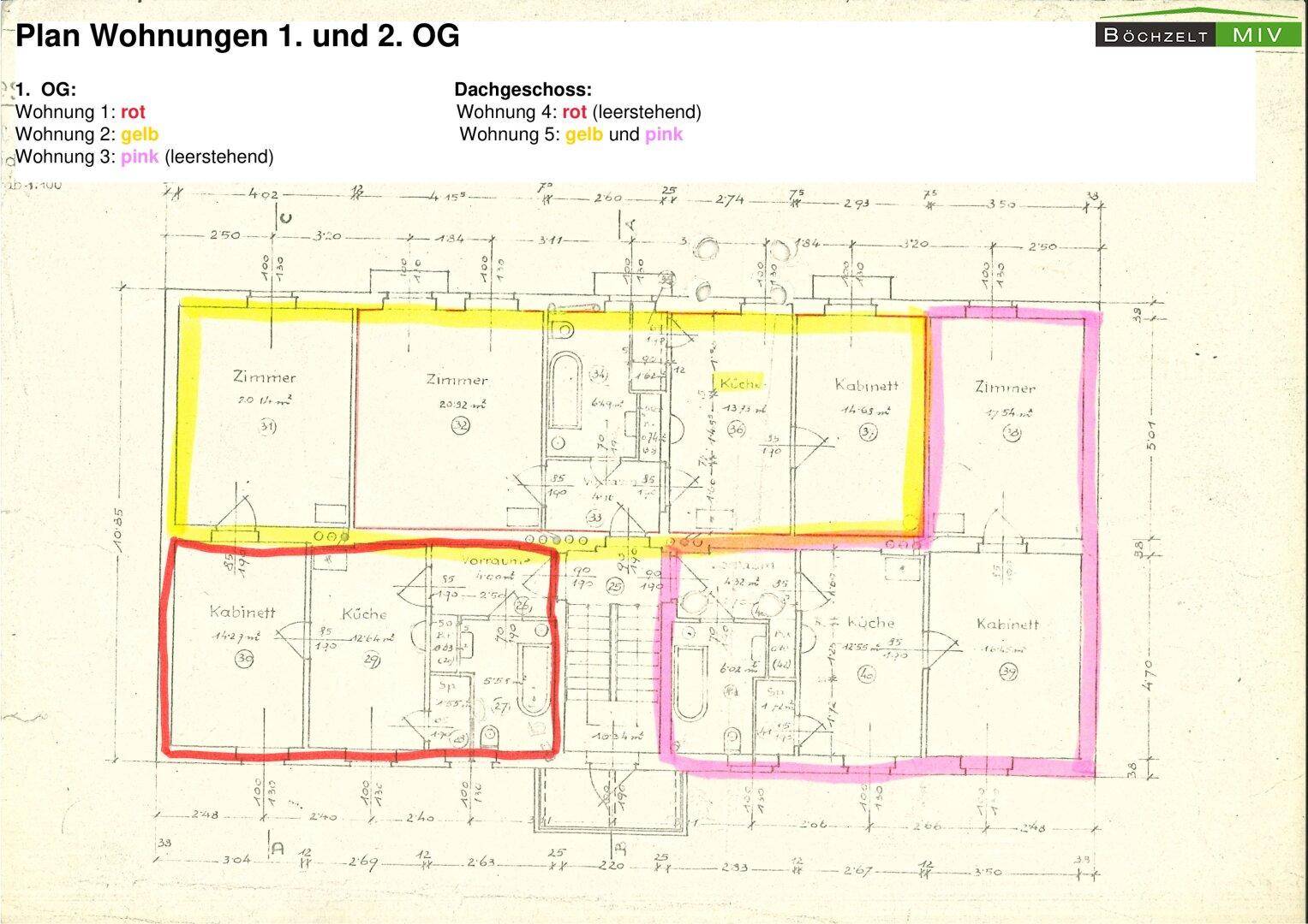Grundriss der Wohnungen im ersten und zweiten Obergeschoss mit farblich markierten Bereichen.
