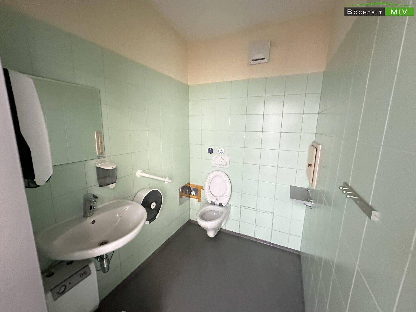 Badezimmer mit hellgrünen Fliesen, Toilette, Waschbecken, Haltegriffen und Abluftventilator.