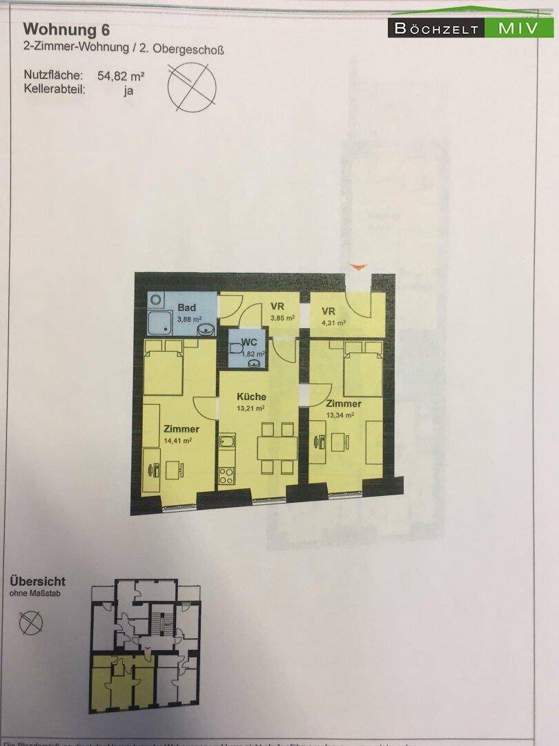 Grundriss der Wohnung 6 mit 2 Zimmern, Küche, Bad und separatem WC auf 54,82 m².