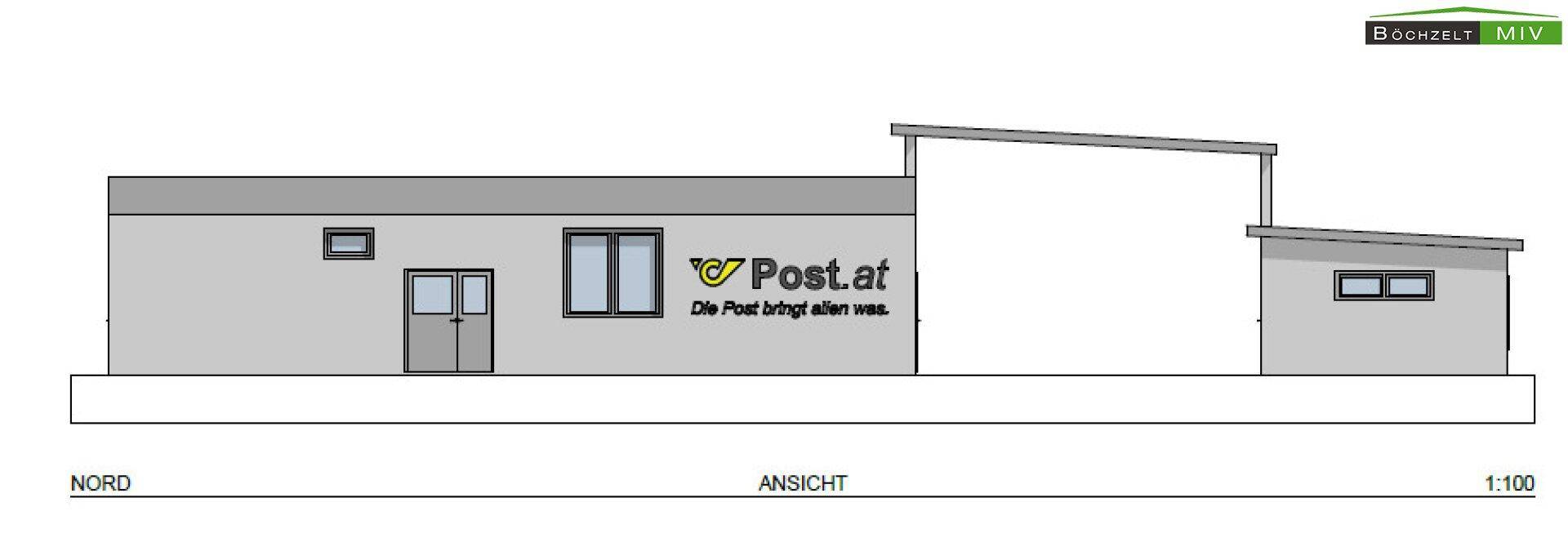 Nordansicht des Gebäudes mit Eingangsbereich und Fenstern, zeigt die architektonische Gestaltung und Dachform.
