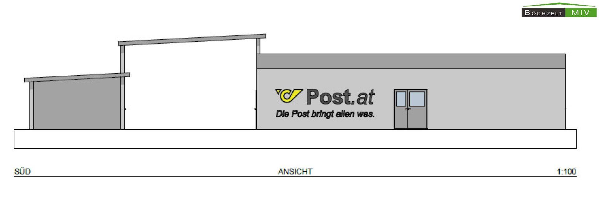 Südansicht des Gebäudes mit Eingang und Fenstern, die eine funktionale Gestaltung und moderne Ästhetik zeigen.