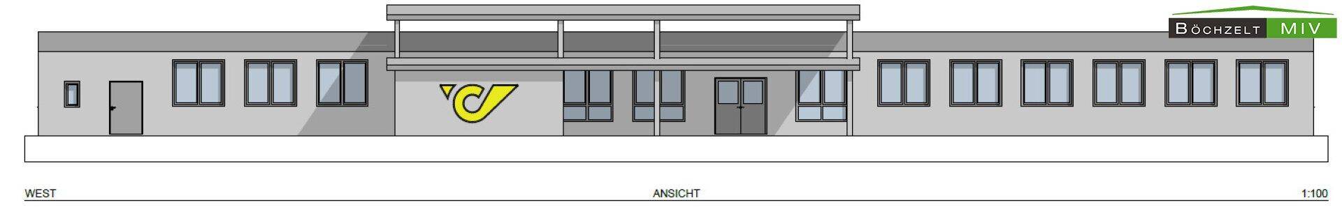 Westansicht des Gebäudes mit großzügigen Fensterfronten und dem Haupteingangsbereich, der viel Licht spendet.