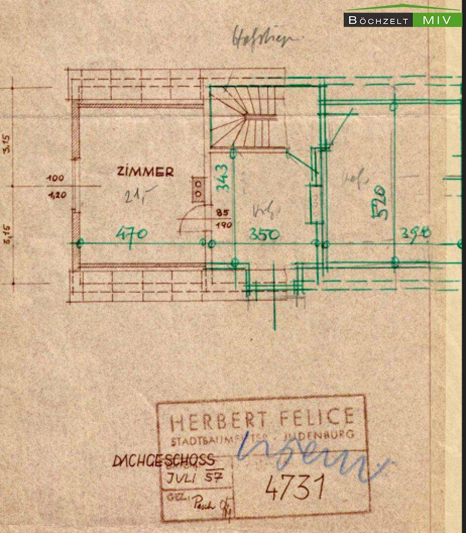 Alter handgezeichneter Grundriss des Dachgeschosses mit Zimmern und Treppe.