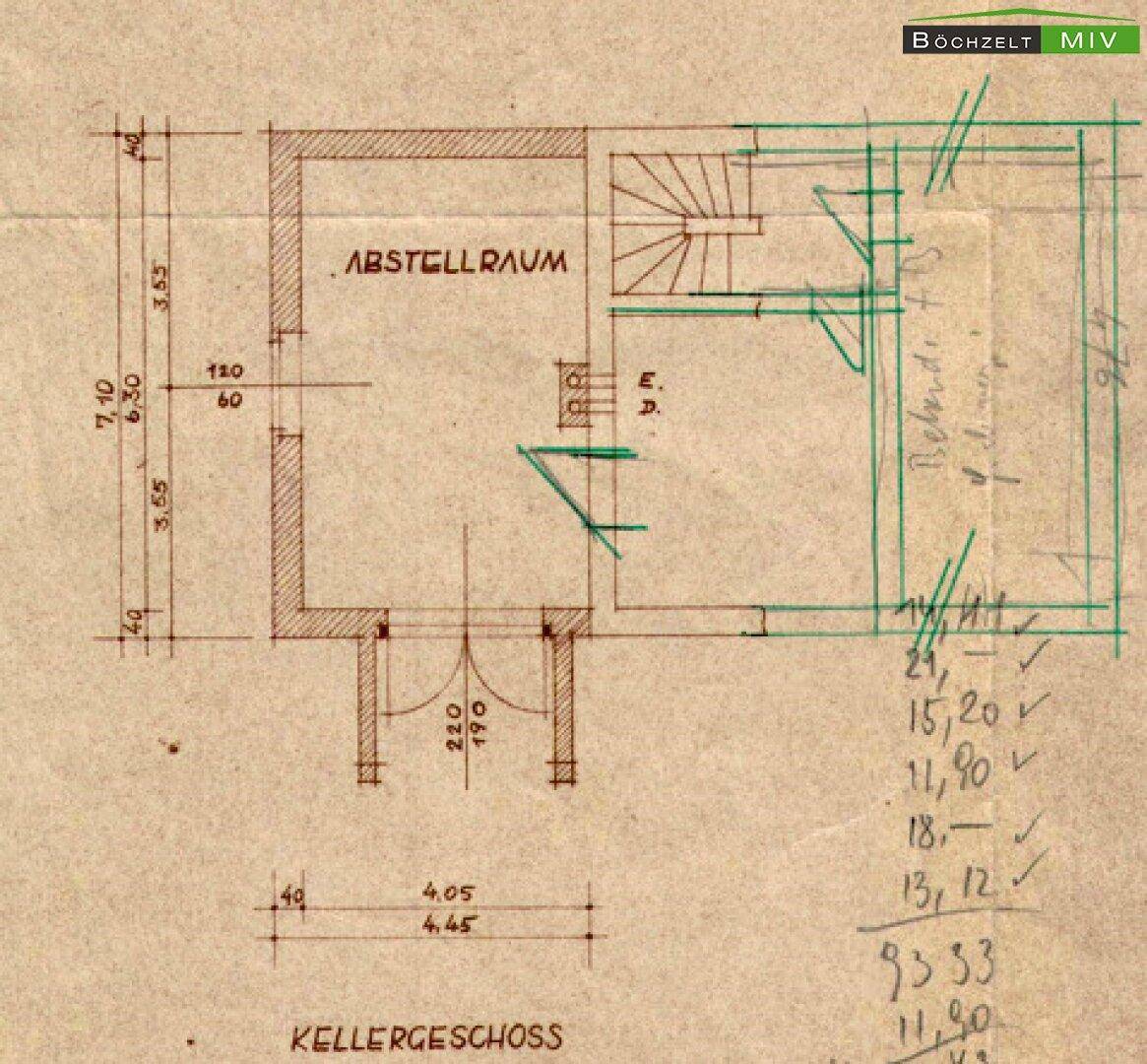 Alter handgezeichneter Grundriss des Kellergeschosses mit Abstellraum und Treppe.