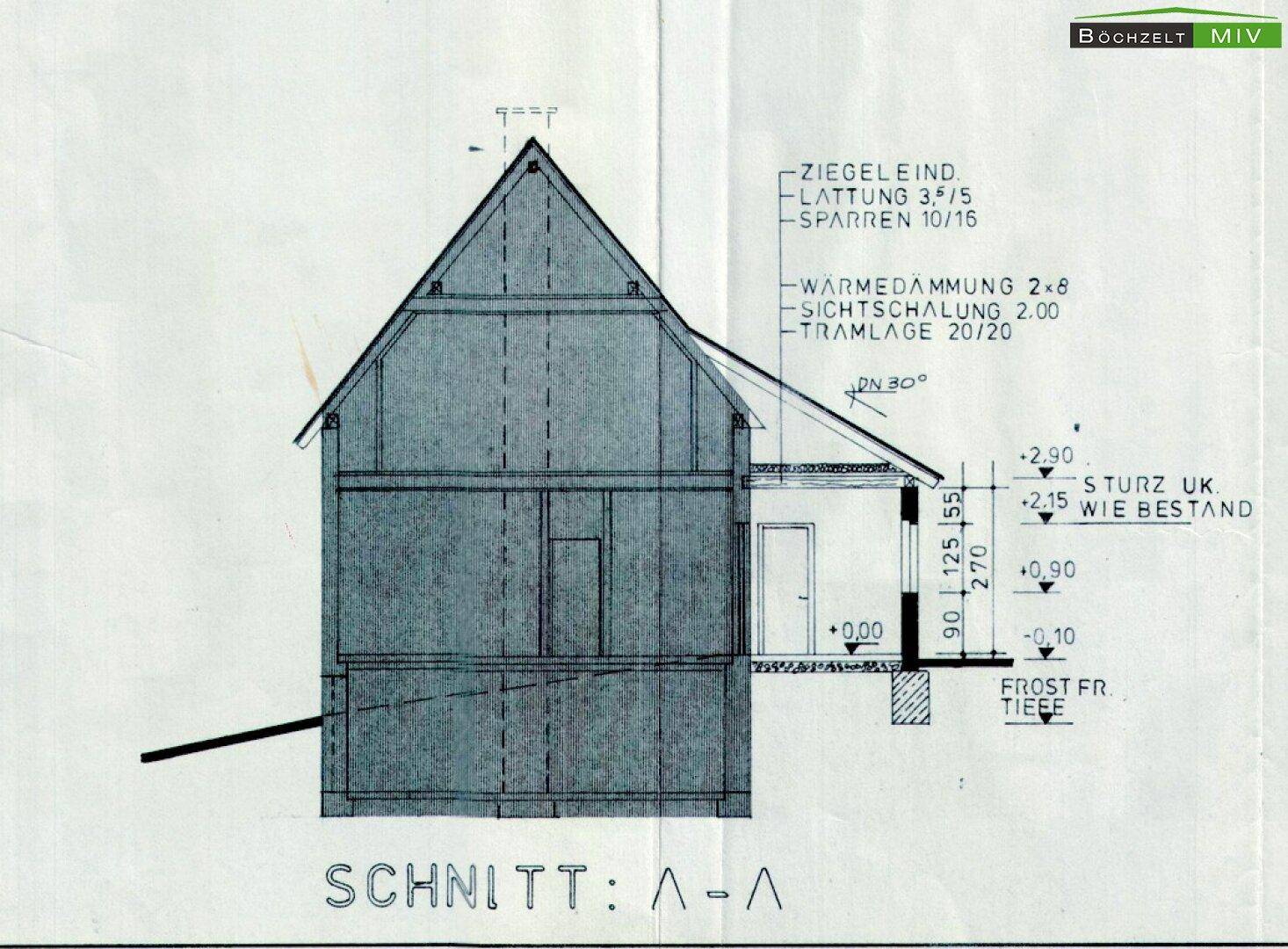 Schnittzeichnung des Gebäudes mit Details zur Dachkonstruktion und Dämmung.