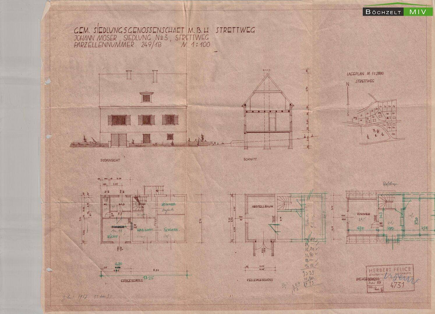 Umfassender historischer Einreichplan mit Lageplan, Grundrissen und Ansichten.