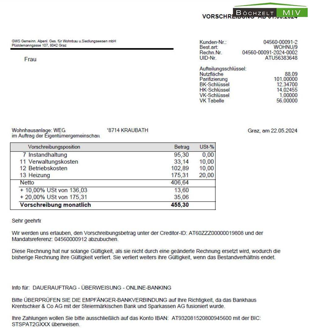 Vorschreibung Hausverwaltung ab Juni 2024