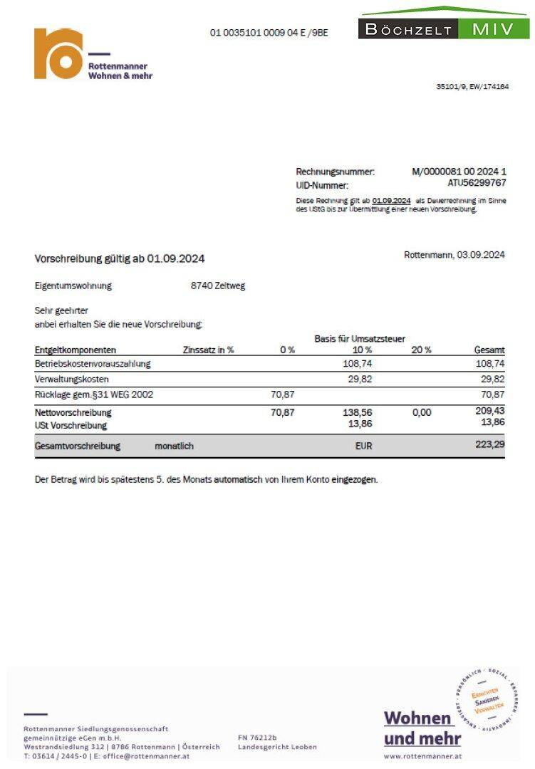 Monatsvorschreibung ab 09/2024