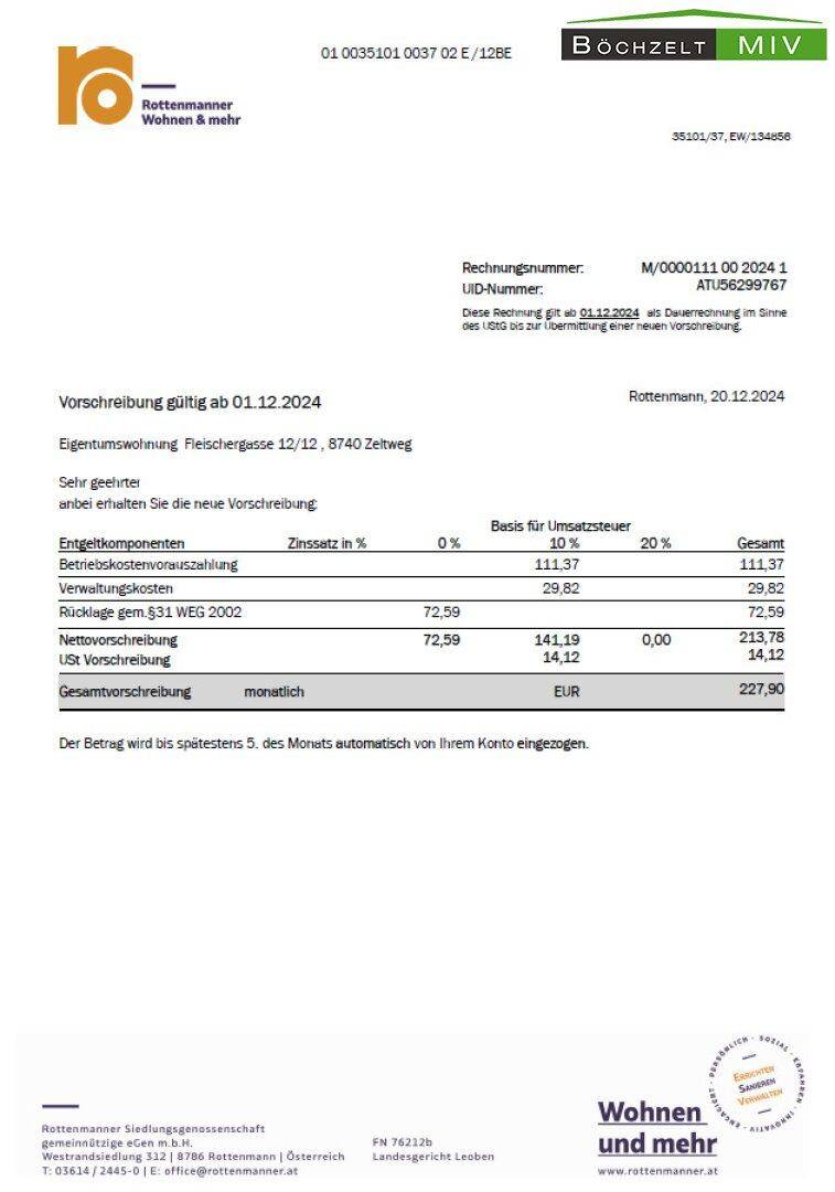 Vorschreibung ab Dezember 2024