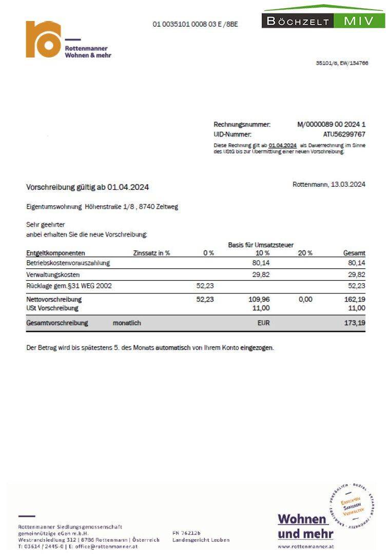 Vorschreibung ab April 2024