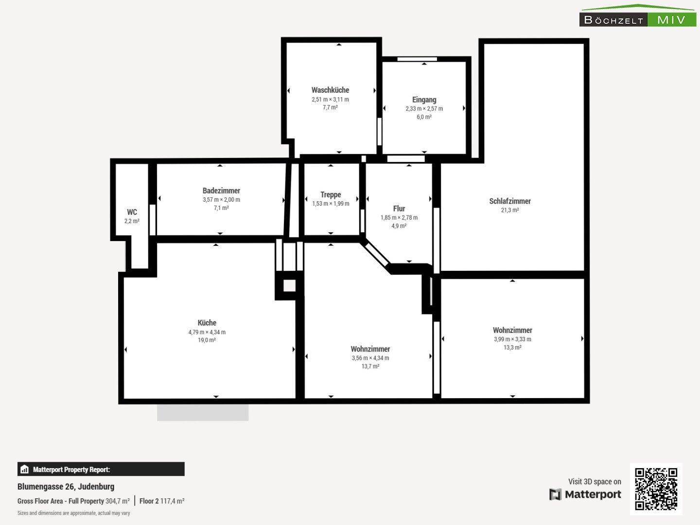 Grundriss des Erdgeschosses mit Küche, Wohnzimmer, Bad und WC.