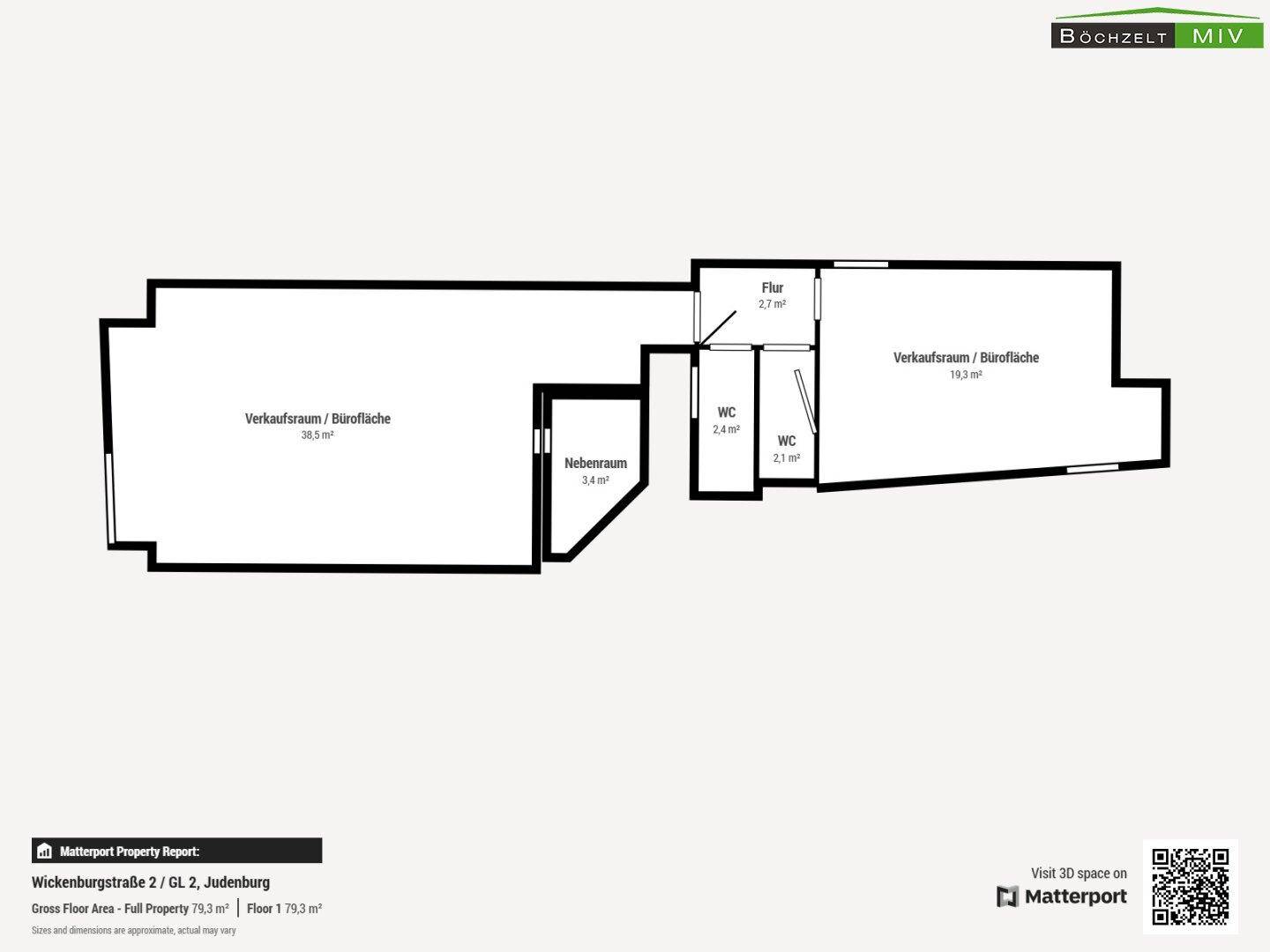 Detaillierter Grundriss mit Raumaufteilung und Flächenangaben für Verkaufs- und Bürobereiche.