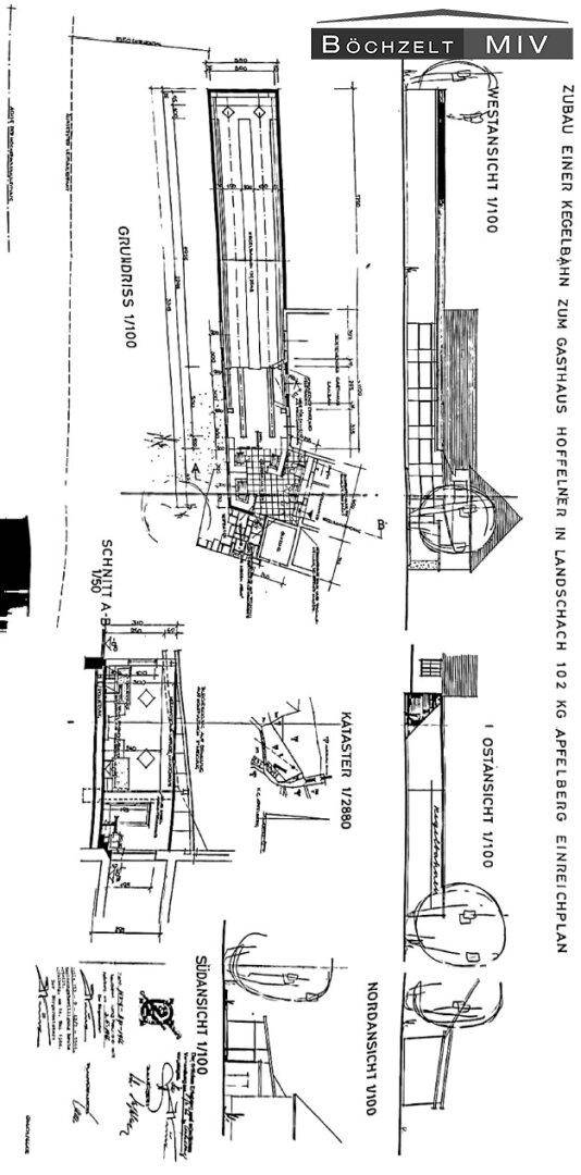 Architektonische Zeichnungen mit verschiedenen Ansichten und Schnitten des Gebäudes, einschließlich der Kegelbahn.