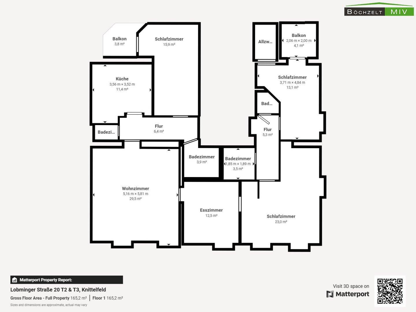 Detaillierter Grundriss der Wohnung mit mehreren Schlafzimmern, Bädern und Balkonen.