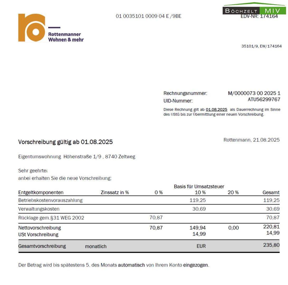 Monatsvorschreibung ab 08/2025