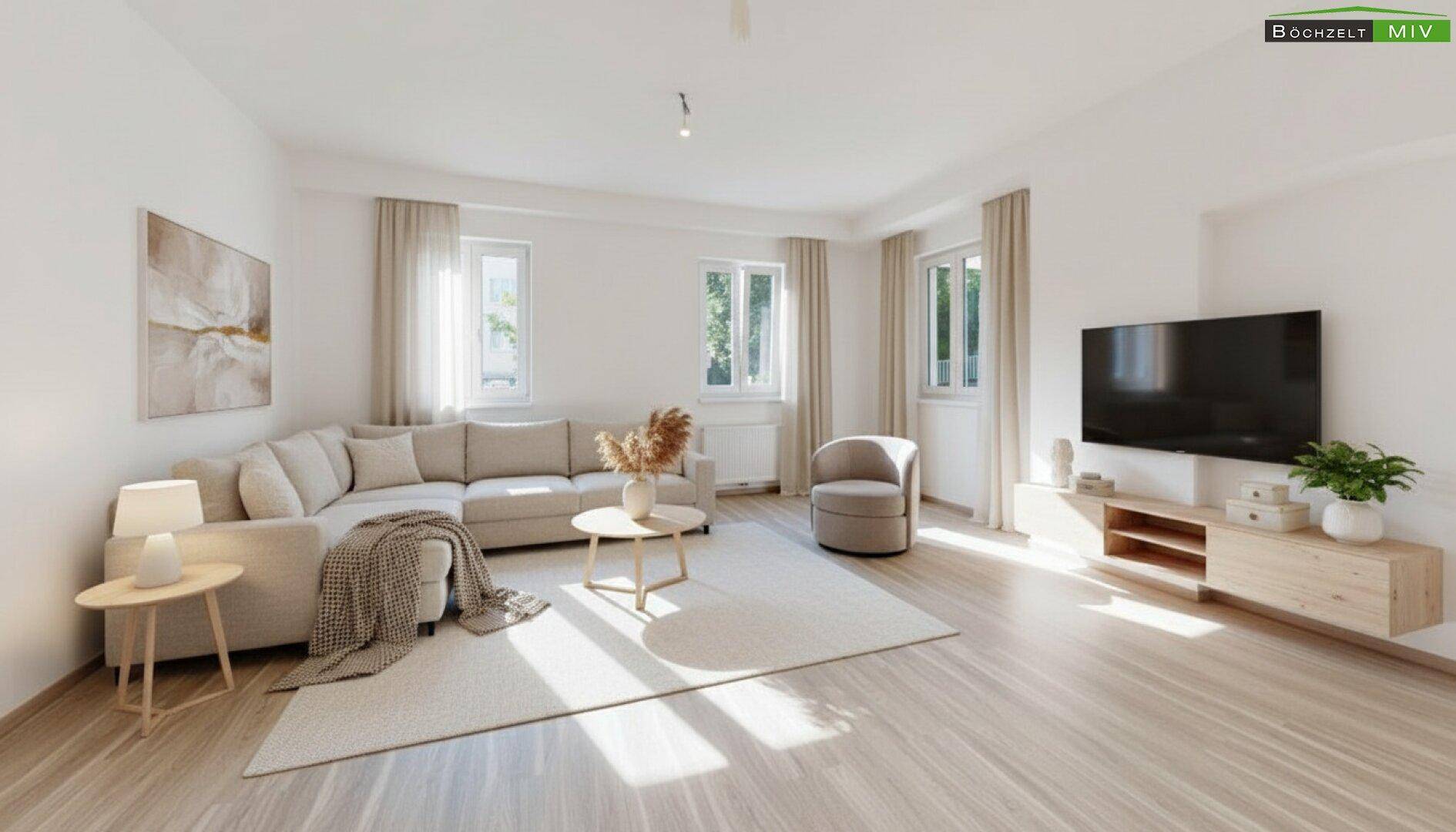 Helles, modernes Wohnzimmer mit Ecksofa, Fernseher und hellen Holzböden, durchflutet von Tageslicht.