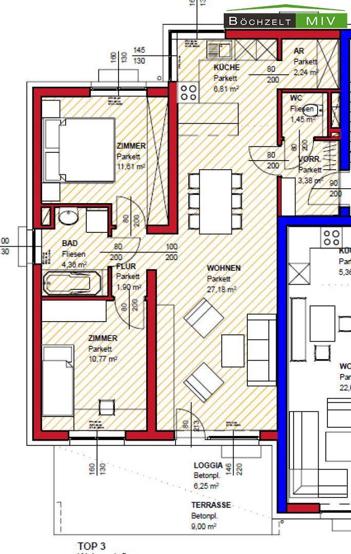 Detaillierter Grundriss der Wohnung mit Raumaufteilung und Flächenangaben.