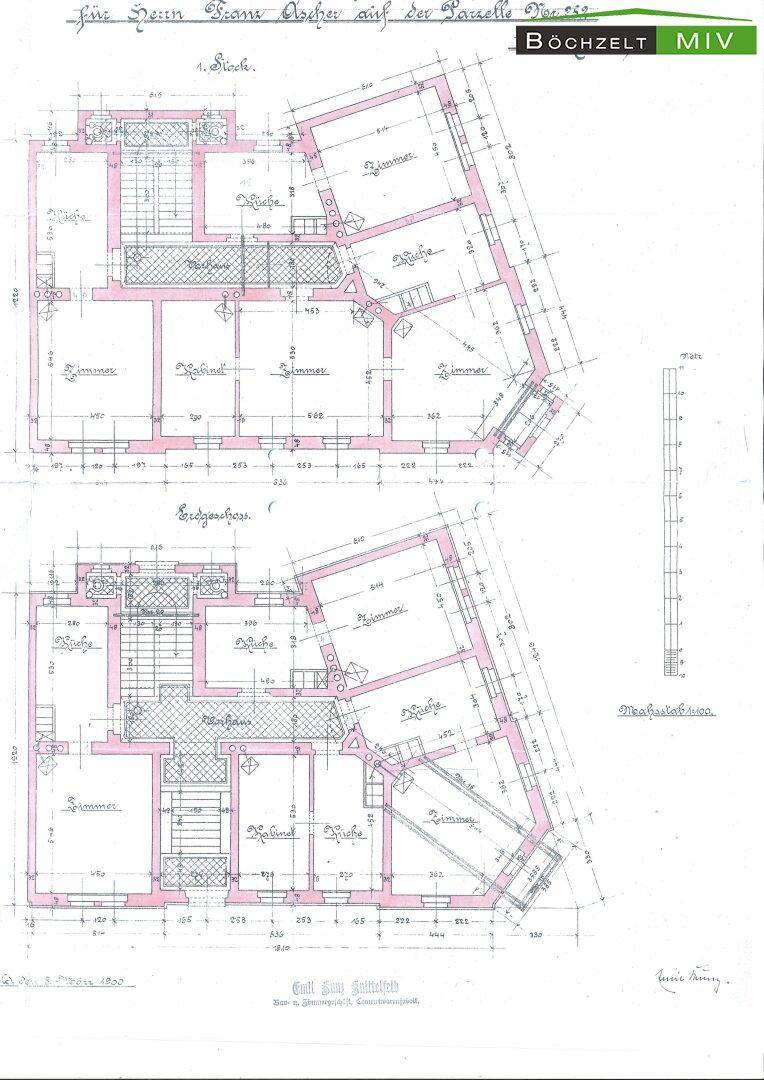 Historischer Grundriss des ersten Obergeschosses und Erdgeschosses mit Zimmeraufteilung.